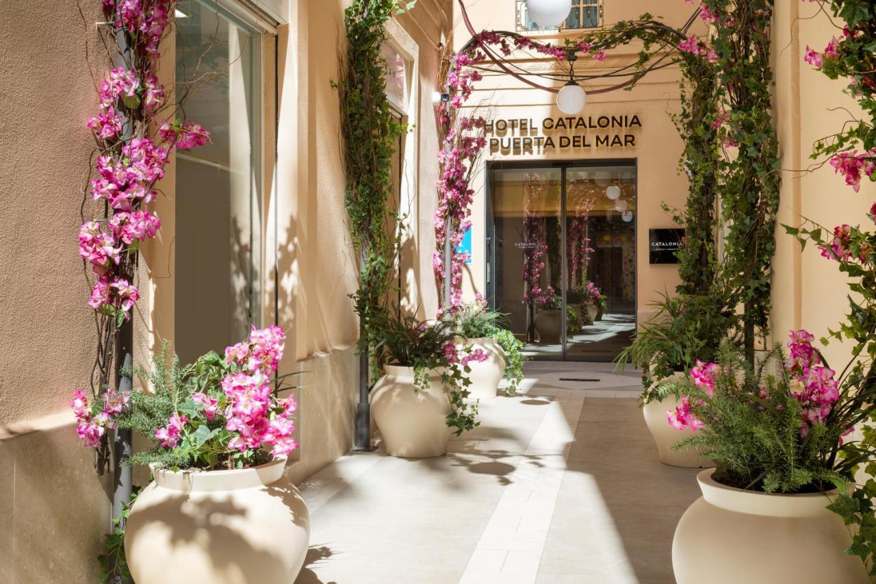 een wandelpad met bloemen in witte vazen bij Catalonia Puerta del Mar in Málaga