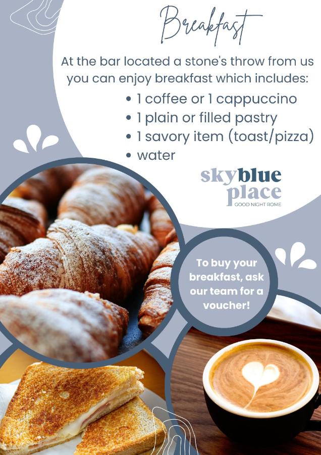 een flyer voor een ontbijt met brood en een kop koffie bij Sky Blue Place Rome in Rome