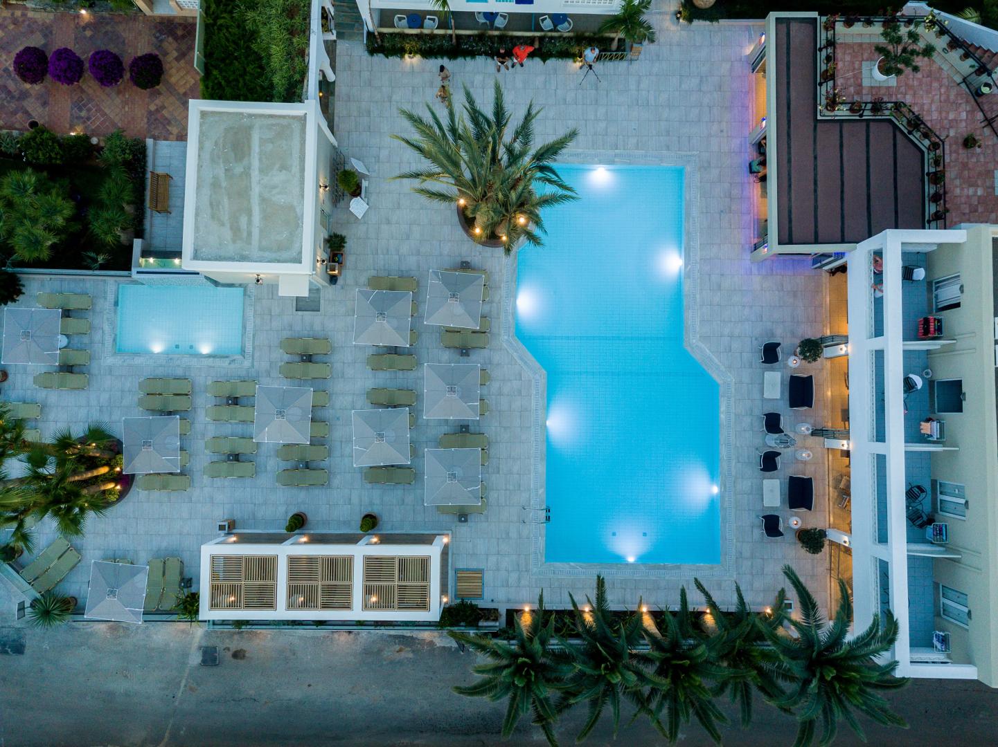 Zwembad omringd door palmbomen — Dedalos Hotel