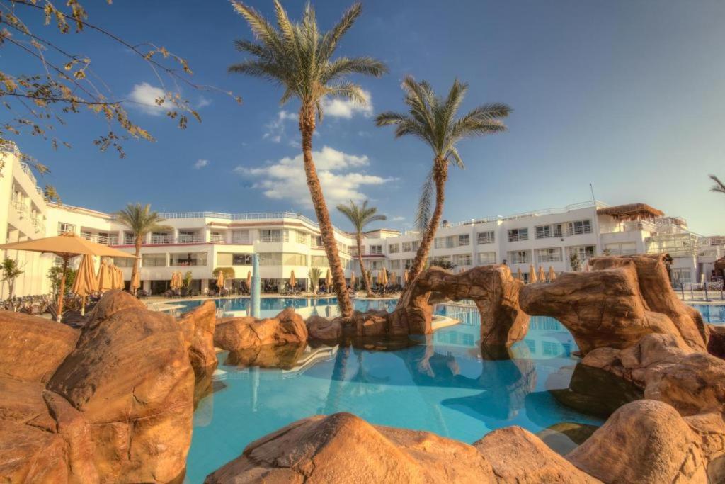 een resortzwembad met palmbomen en rotsen bij Swiss Heaven Sharming Inn Hotel-Couples & Families only in Sharm El Sheikh