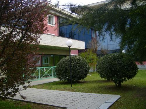 een gebouw met een straatlantaarn en twee struiken bij Art & Hotel Treviolo in Treviolo