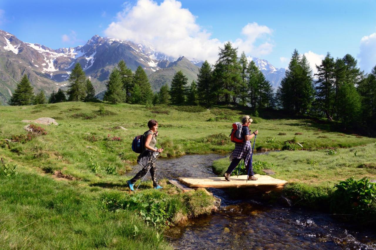 Twee mannen lopen over een houten brug over een beek. bij Boutique Hotel e Chalets Salvadori in Mezzana