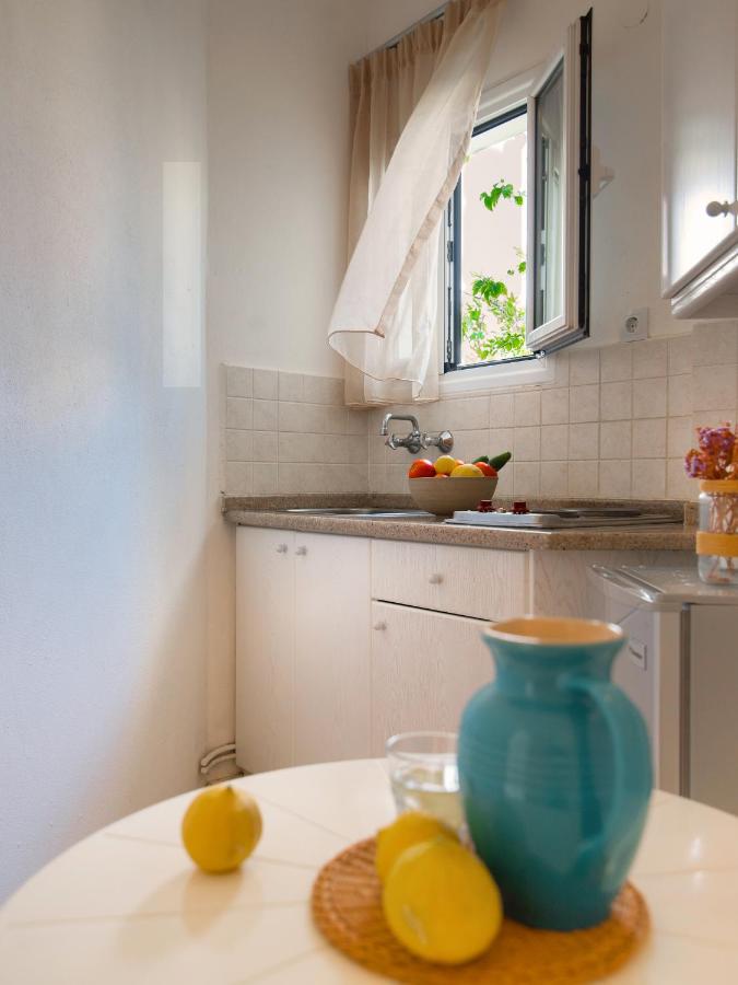 een keuken met een blauwe vaas en citroenen op tafel bij Melissa Apartments, Studios & Suites in Malia