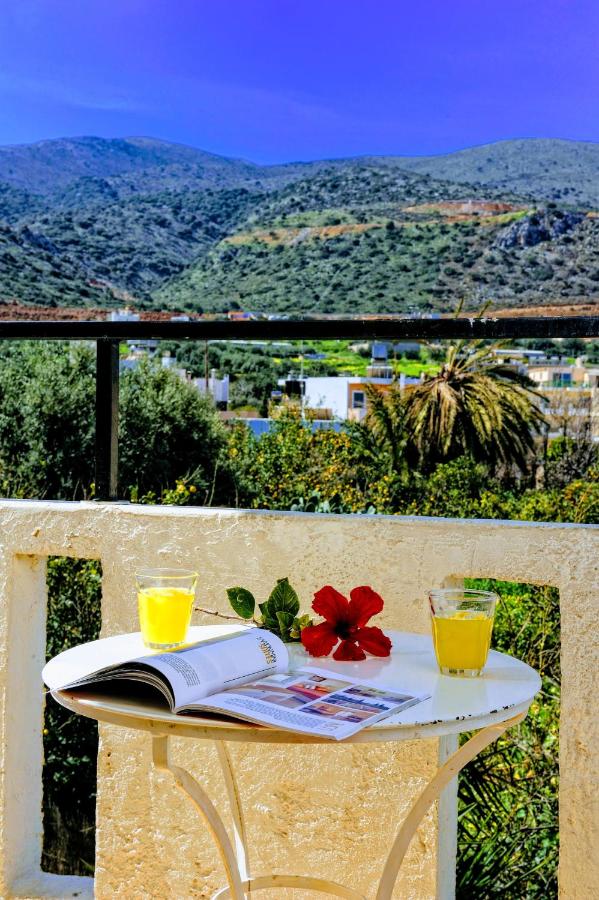 een tafel met een boek en twee glazen erop bij Stelios Residence Apartments in Malia