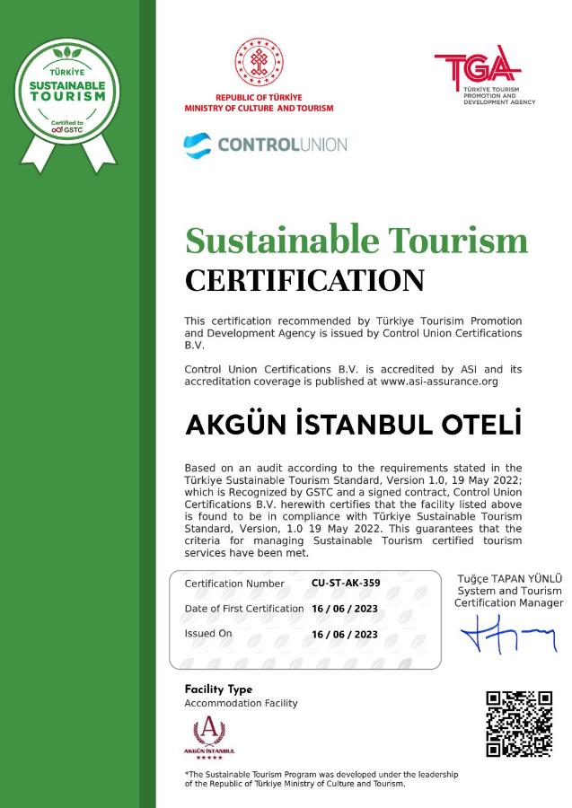 een vergunning voor een duurzame toeristische instelling met een groene focus bij Akgun Istanbul Hotel, WorldHotels Craf
