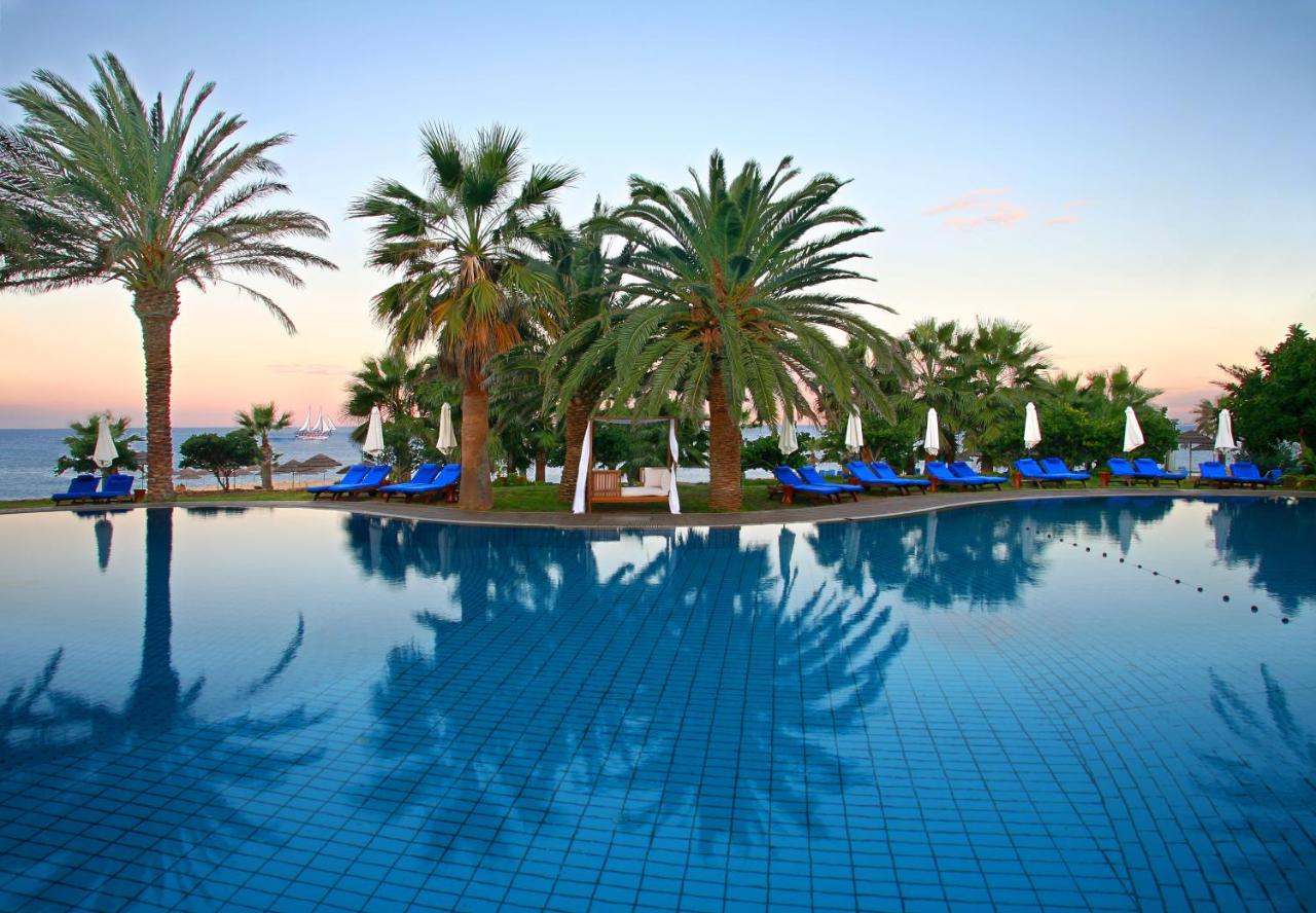 een groot zwembad met palmbomen en ligstoelen bij Azia Resort & Spa in Paphos City