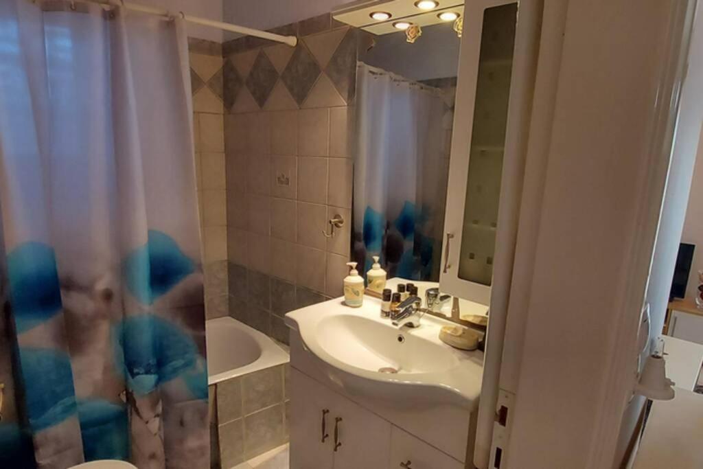 een badkamer met een wastafel, een toilet en een spiegel bij Apagio apartment in Argostoli