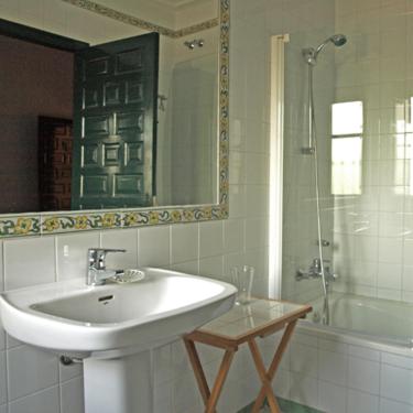 een badkamer met een wastafel, een douche en een spiegel bij Lince Casa Rural in El Rocío