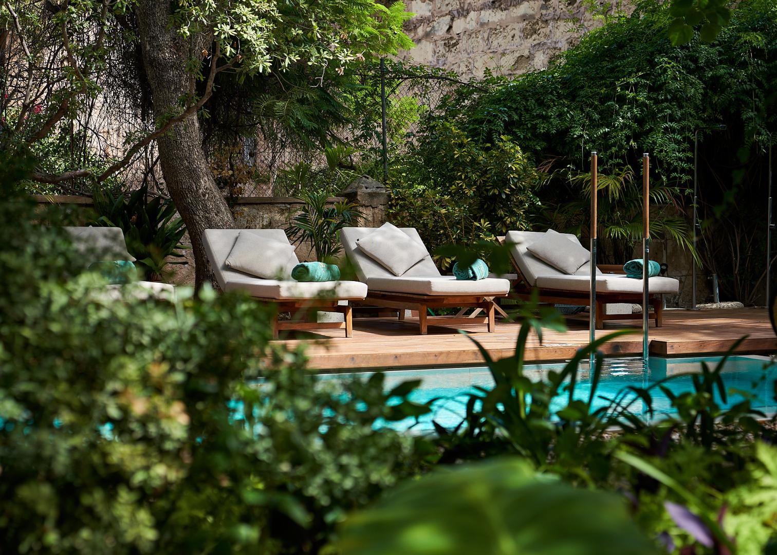 Zwembad omringd door palmbomen — Can Bordoy Gran House & Garden