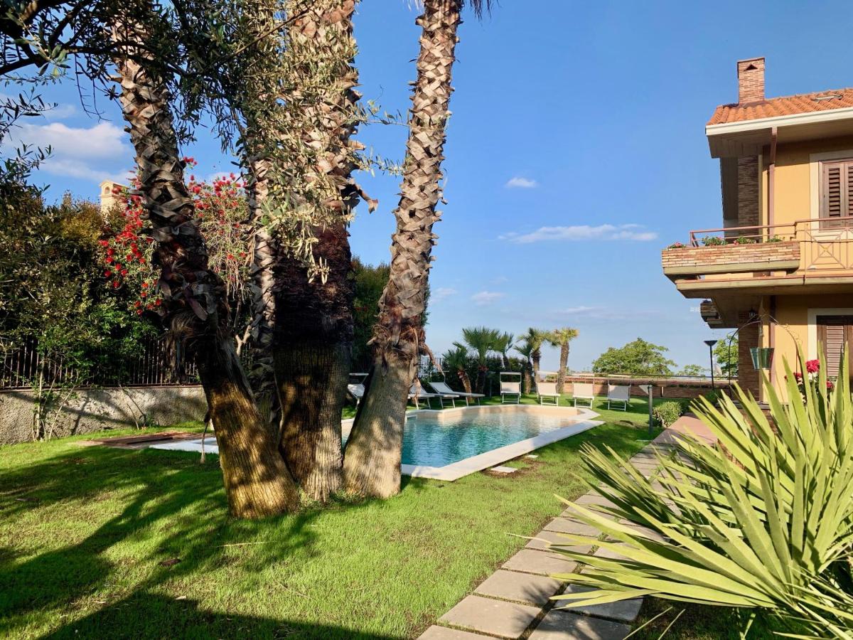 een zwembad in een tuin met twee palmbomen bij Etna Villa Alba Chiara in Trecastagni +55 foto's